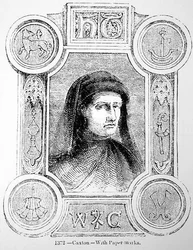 Muotokuva William Caxtonista (n.1422-91) ja hänen kirjapainomerkistään